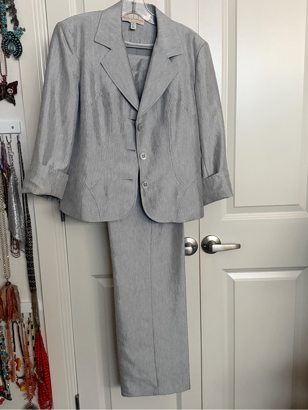 Andie & Barbara Light Gray- Silver Women's Two-Piece Suit Jacket & Pants